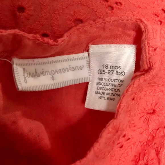 First Impressions Pink eyelet dress with lime green ribbon and pink bow, 18M - Picture 3 of 4